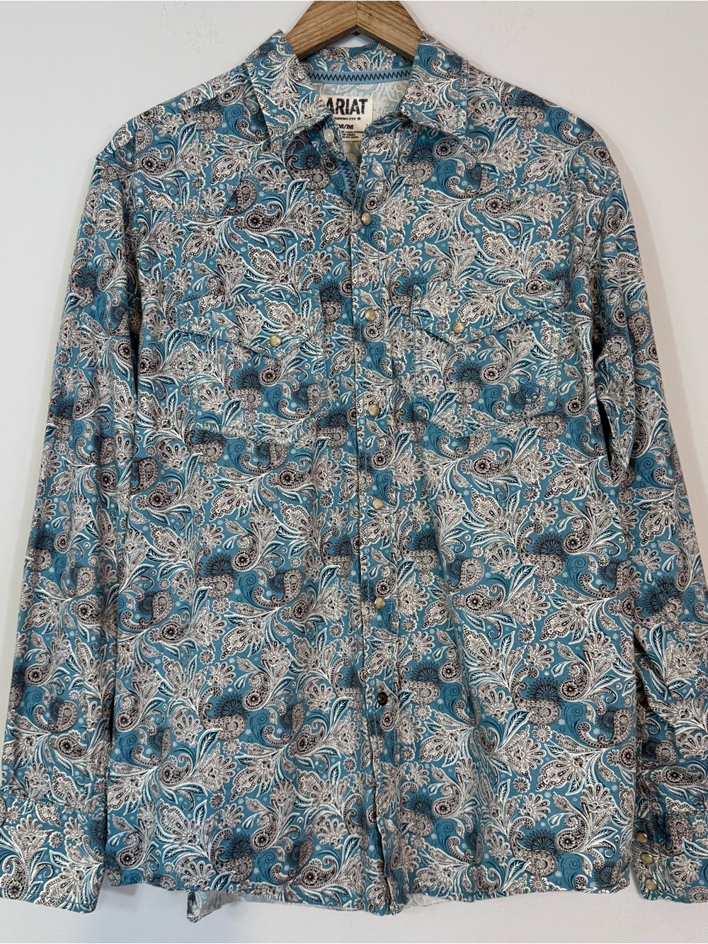 ARIAT Retro Men's Turquoise Blue Paisley Western Pearl Snap Long Sleeve Shirt M